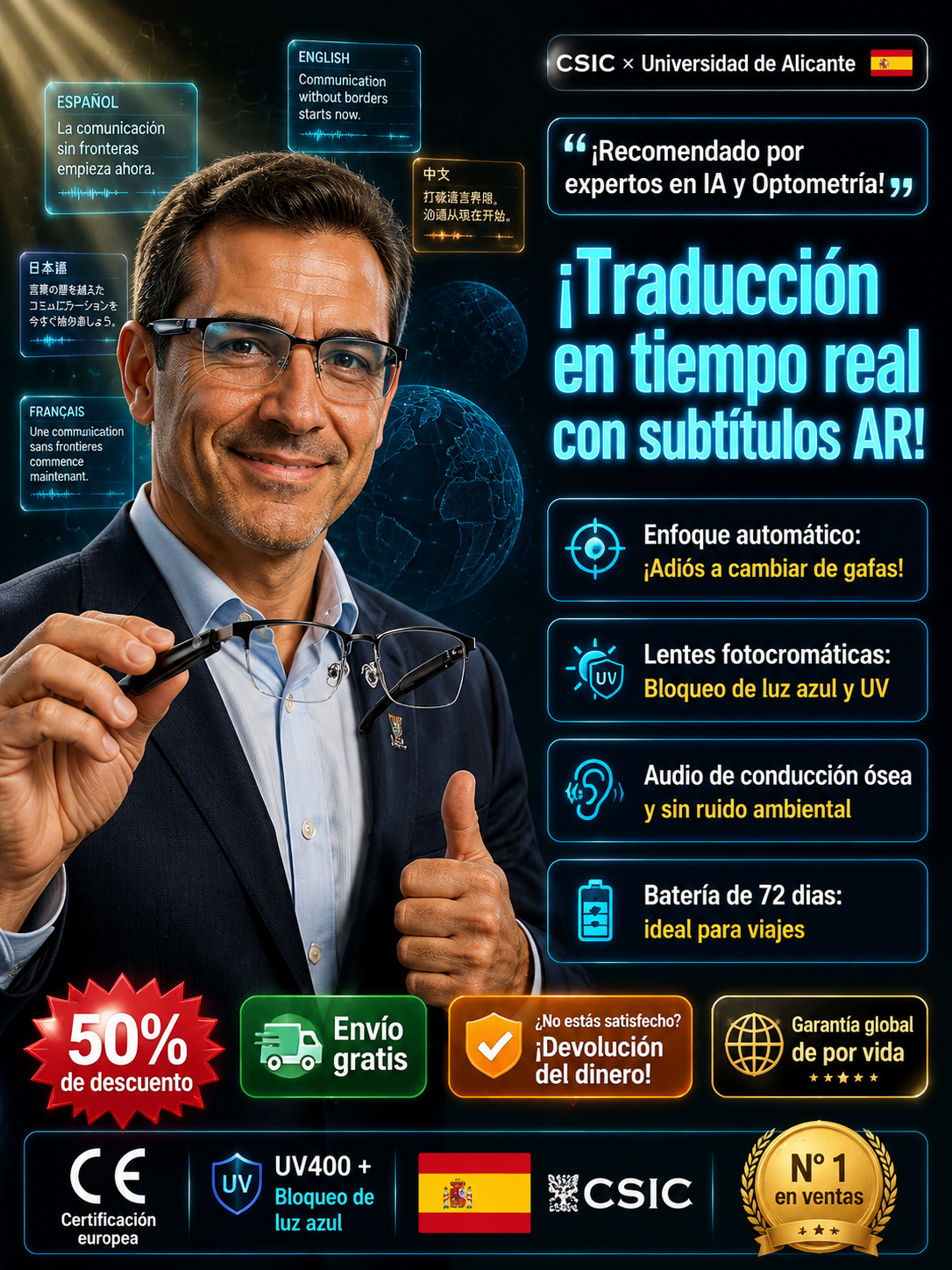 Gafas inteligentes con zoom y cambio de color: Traducción por IA en tiempo real, navegación AR y cámara 4K en fibra de carbono