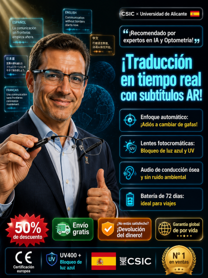 Gafas inteligentes con zoom y cambio de color: Traducción por IA en tiempo real, navegación AR y cámara 4K en fibra de carbono