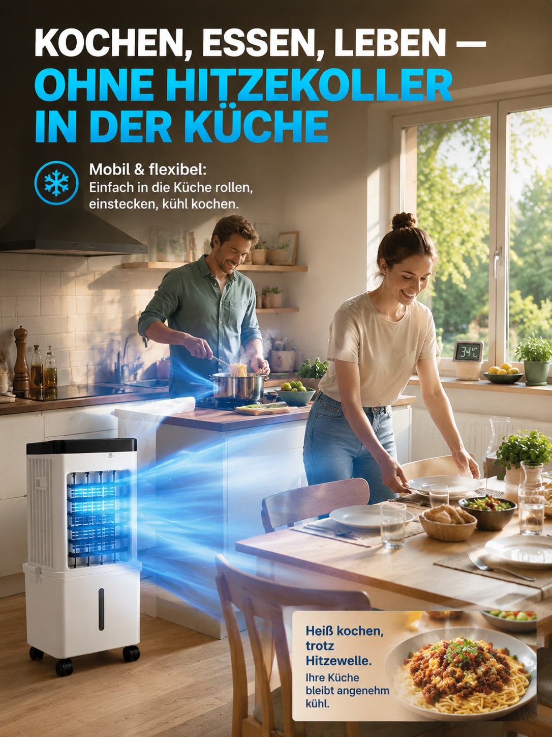 Mobiler Luftkühler ohne Abluftschlauch | 3-in-1 Klimagerät | Eiskalt in 3 Sek. | Inkl. 4 Eisboxen