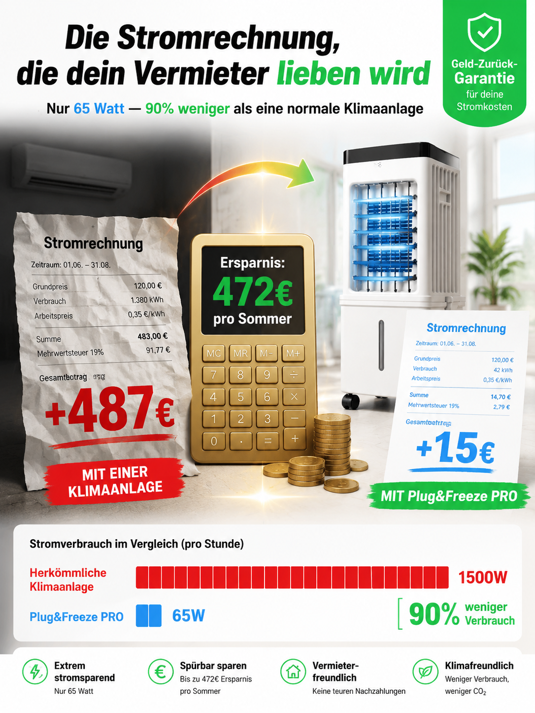 Mobiler Luftkühler ohne Abluftschlauch | 3-in-1 Klimagerät | Eiskalt in 3 Sek. | Inkl. 4 Eisboxen