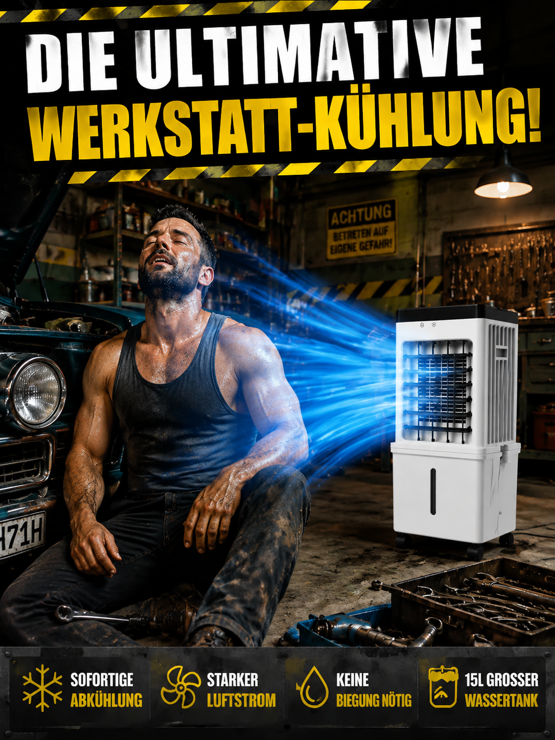 Mobiler Luftkühler ohne Abluftschlauch | 3-in-1 Klimagerät | Eiskalt in 3 Sek. | Inkl. 4 Eisboxen