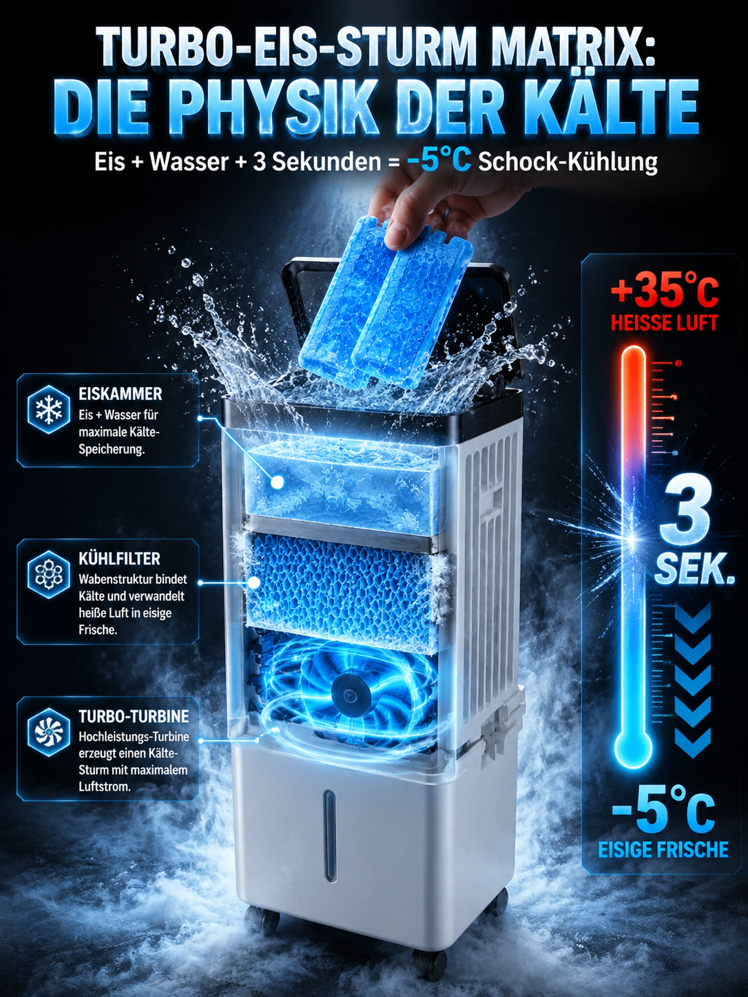 Mobiler Luftkühler ohne Abluftschlauch | 3-in-1 Klimagerät | Eiskalt in 3 Sek. | Inkl. 4 Eisboxen