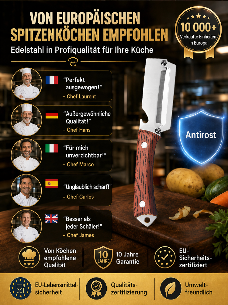 👍【3-in-1 Küchen-Multitool】Profi-Sparschäler aus Edelstahl – Schälen, Schneiden & Flaschenöffner in Einem