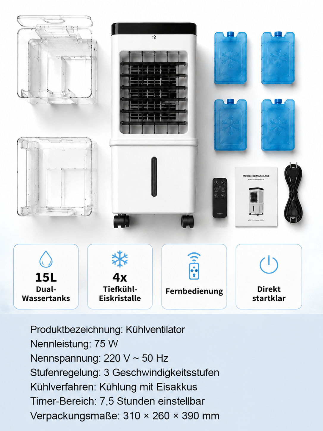 Mobiler Luftkühler ohne Abluftschlauch | 3-in-1 Klimagerät | Eiskalt in 3 Sek. | Inkl. 4 Eisboxen