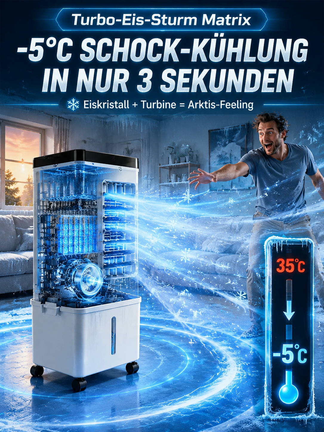 Mobiler Luftkühler ohne Abluftschlauch | 3-in-1 Klimagerät | Eiskalt in 3 Sek. | Inkl. 4 Eisboxen