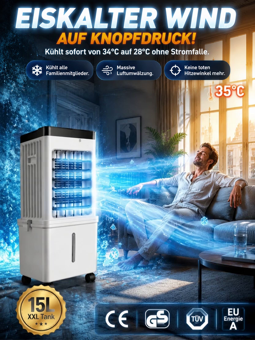 Mobiler Luftkühler ohne Abluftschlauch | 3-in-1 Klimagerät | Eiskalt in 3 Sek. | Inkl. 4 Eisboxen