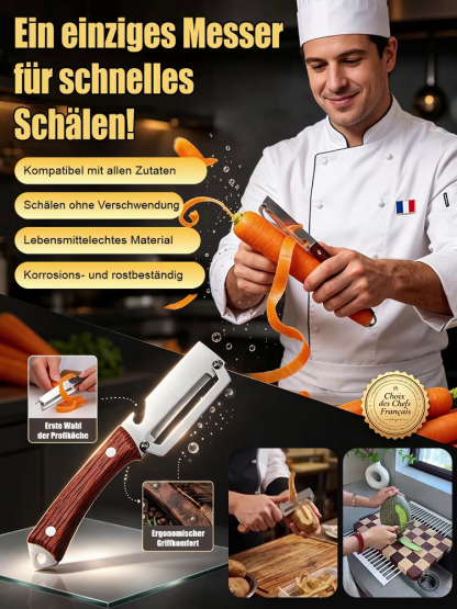 👍【3-in-1 Küchen-Multitool】Profi-Sparschäler aus Edelstahl – Schälen, Schneiden & Flaschenöffner in Einem