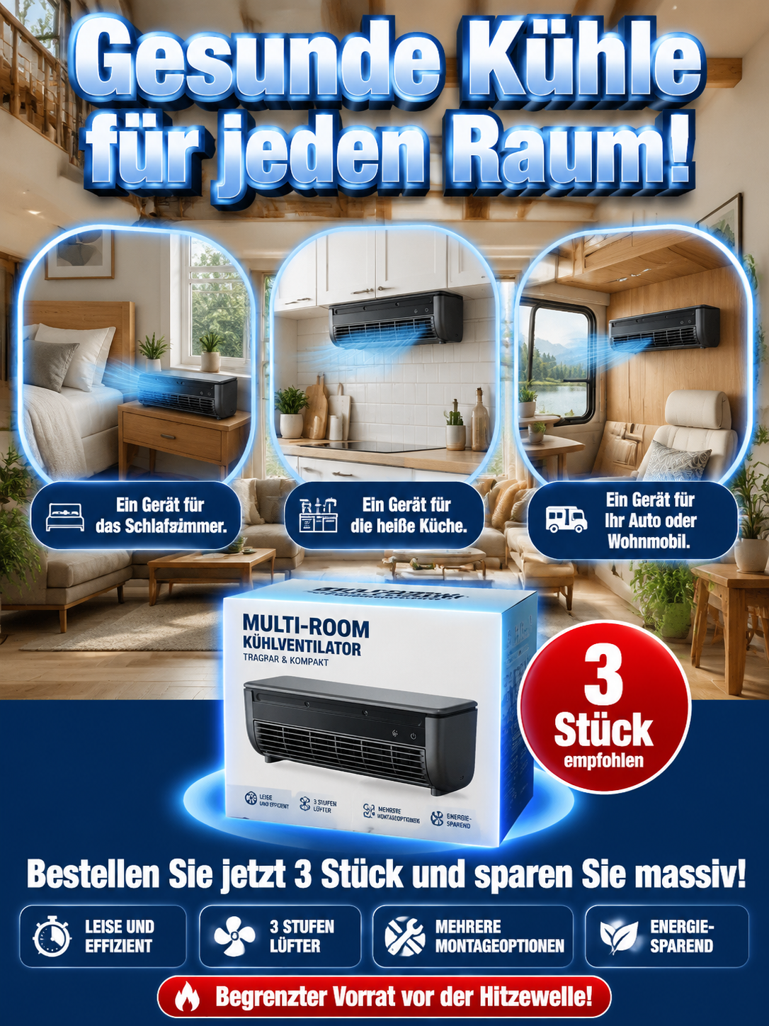 4-in-1 Wandklimaanlage Ohne Bohren – Halbleiter Sofortkühlung & Energiesparend (Rückstandslos entfernbar)