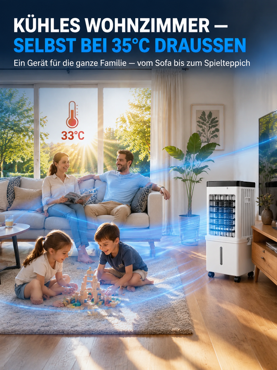 Mobiler Luftkühler ohne Abluftschlauch | 3-in-1 Klimagerät | Eiskalt in 3 Sek. | Inkl. 4 Eisboxen