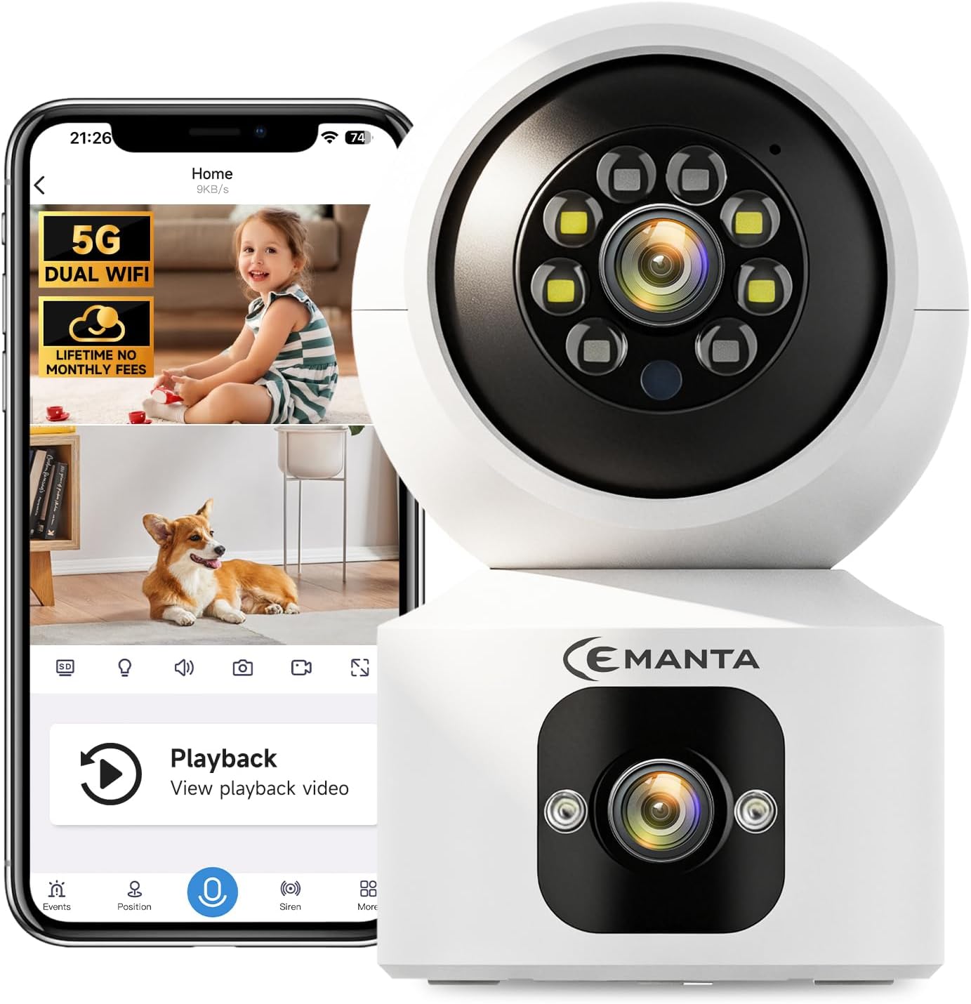 2K Indoor Pet Security Camera for Dog Cat, Lifetime No Monthly Fee, Dual-Lens, 360° Pan Tilt Pet & Baby Monitor with Phone App, AI Human & Pet Detection, WiFi 6, Compatible with Alexa