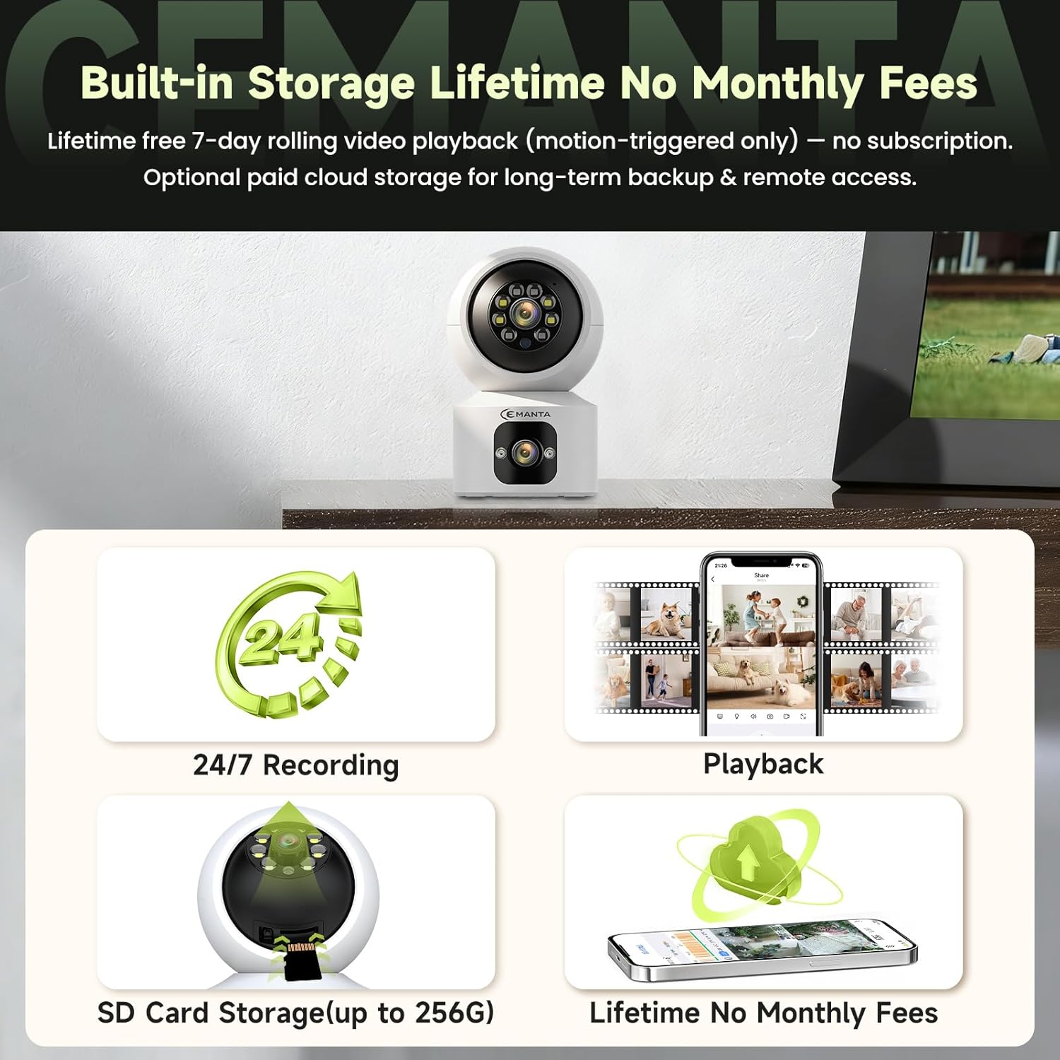 2K Indoor Pet Security Camera for Dog Cat, Lifetime No Monthly Fee, Dual-Lens, 360° Pan Tilt Pet & Baby Monitor with Phone App, AI Human & Pet Detection, WiFi 6, Compatible with Alexa