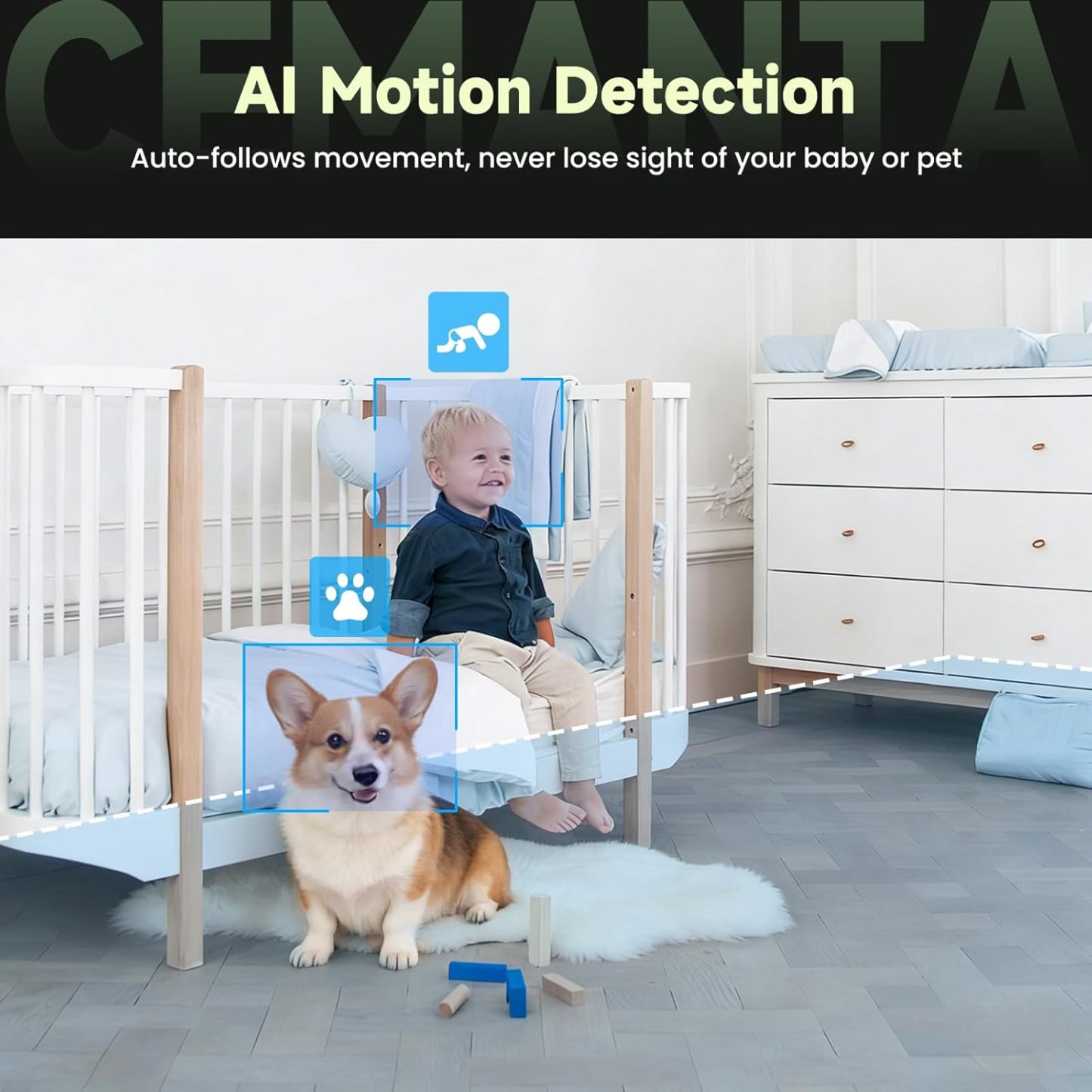 2K Indoor Pet Security Camera for Dog Cat, Lifetime No Monthly Fee, Dual-Lens, 360° Pan Tilt Pet & Baby Monitor with Phone App, AI Human & Pet Detection, WiFi 6, Compatible with Alexa