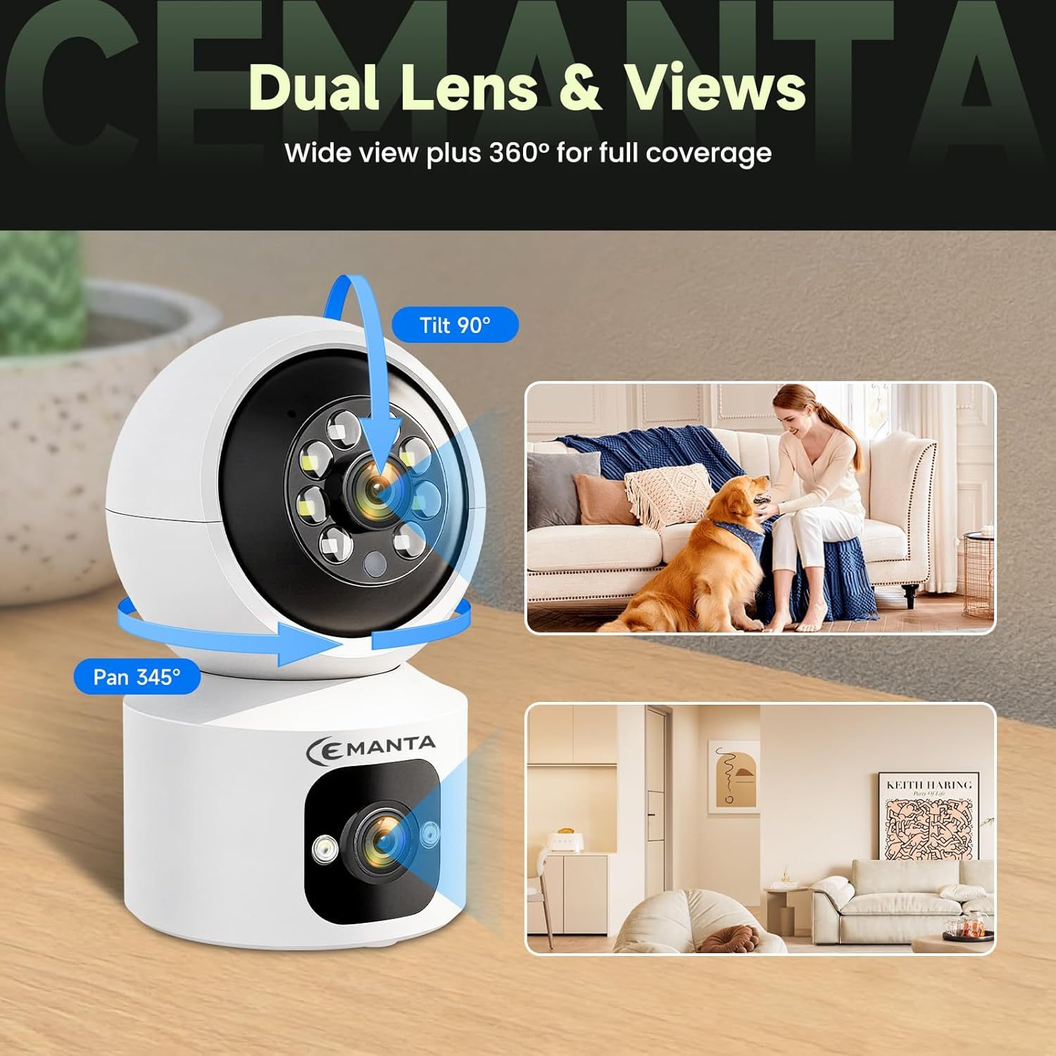 2K Indoor Pet Security Camera for Dog Cat, Lifetime No Monthly Fee, Dual-Lens, 360° Pan Tilt Pet & Baby Monitor with Phone App, AI Human & Pet Detection, WiFi 6, Compatible with Alexa