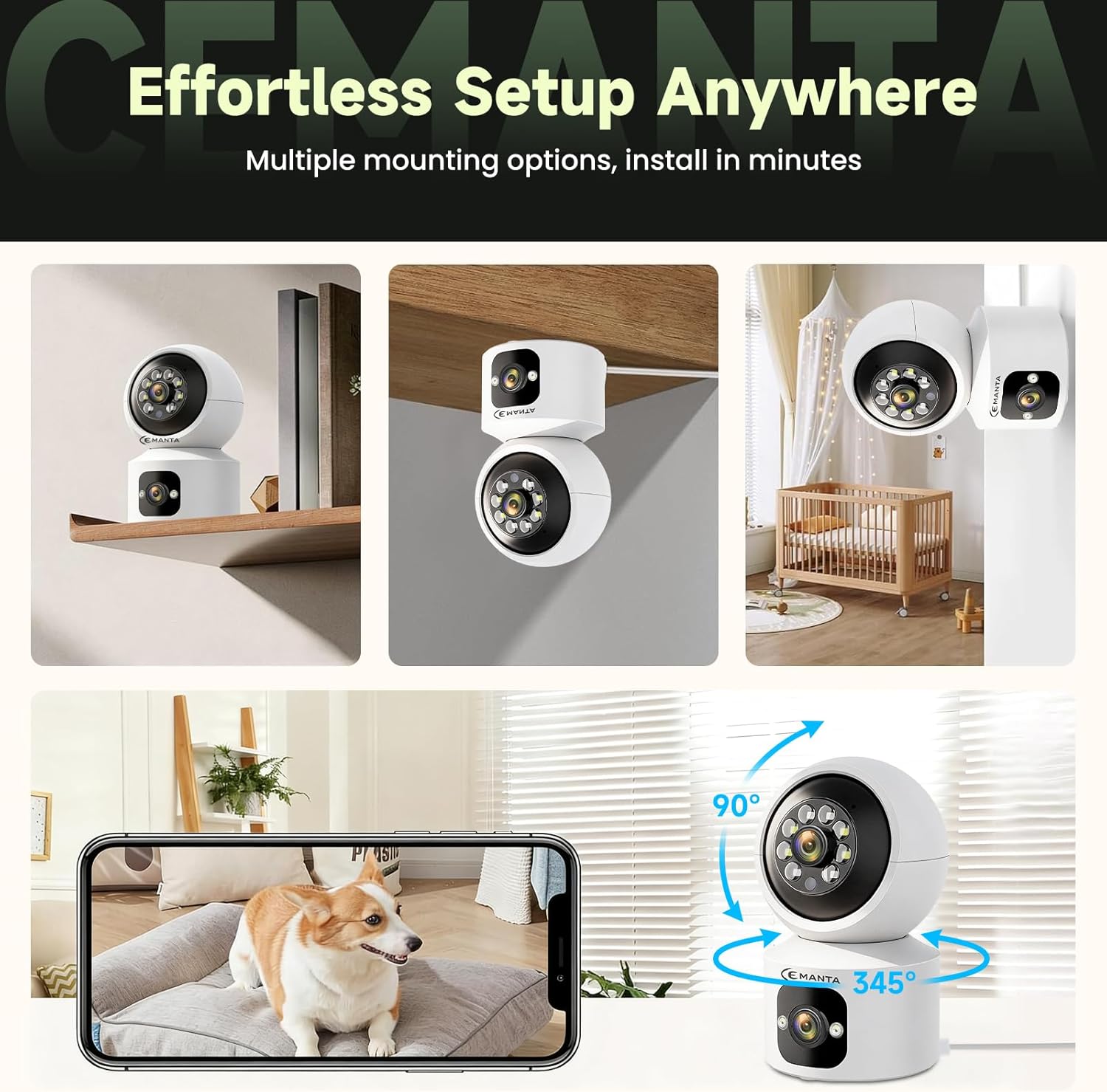 2K Indoor Pet Security Camera for Dog Cat, Lifetime No Monthly Fee, Dual-Lens, 360° Pan Tilt Pet & Baby Monitor with Phone App, AI Human & Pet Detection, WiFi 6, Compatible with Alexa