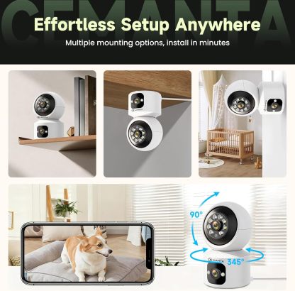 2K Indoor Pet Security Camera for Dog Cat, Lifetime No Monthly Fee, Dual-Lens, 360° Pan Tilt Pet & Baby Monitor with Phone App, AI Human & Pet Detection, WiFi 6, Compatible with Alexa