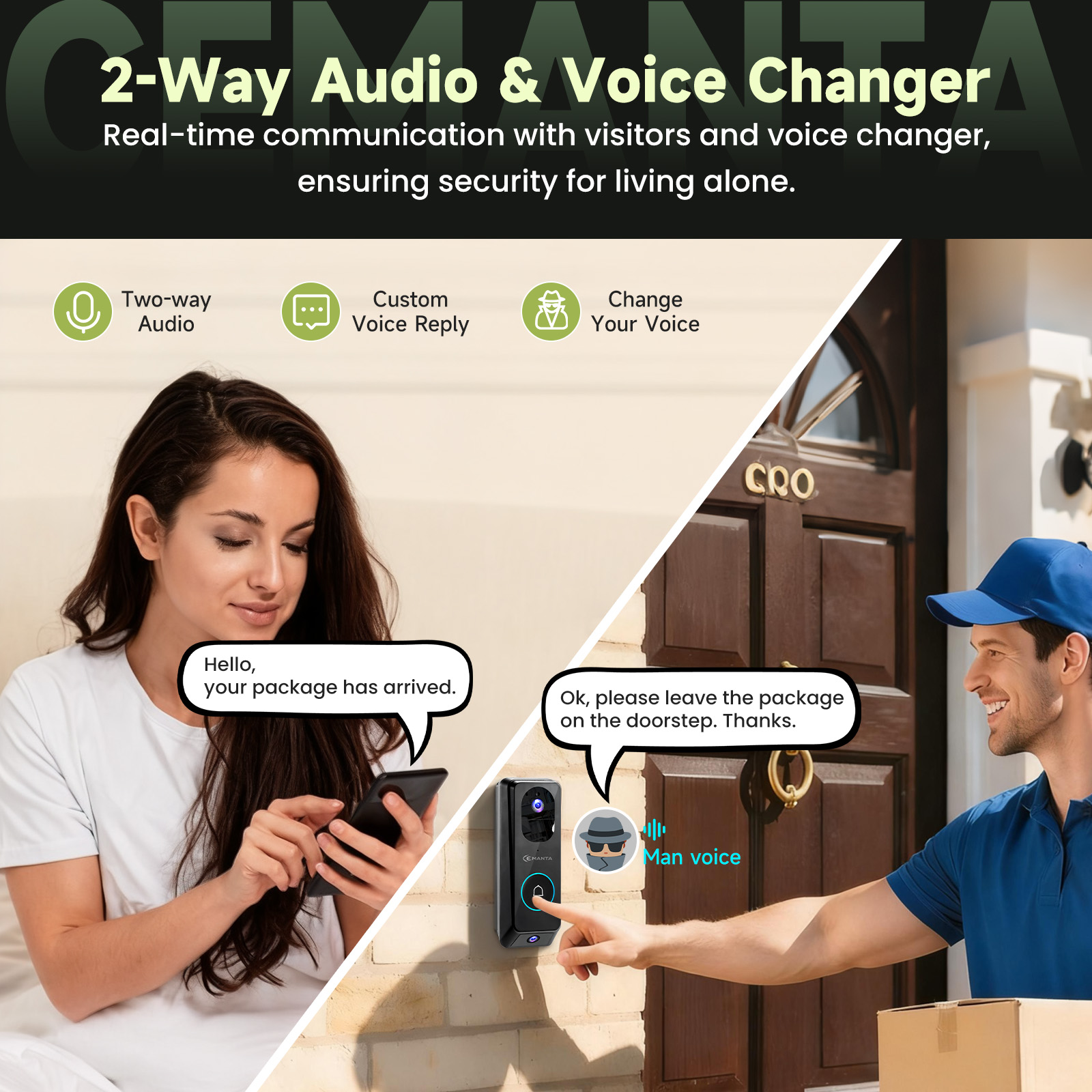 2K Video Doorbell Camera Wireless with Chime, No Subscription, Dual-Cam, Package Protection, 190° View, WiFi6, Voice Changer & Anti-Tamper, Night Vision, 2-Way Audio, Compatible with Alexa