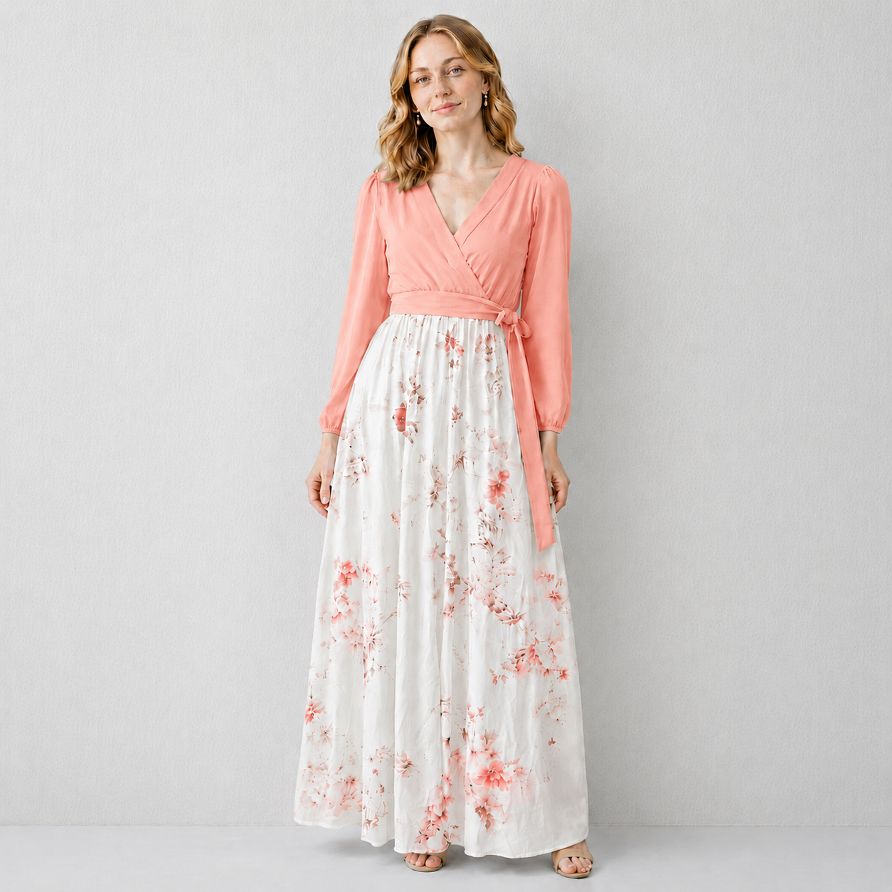Floral wrap V-neck maxi dress neckline and waist tie detail