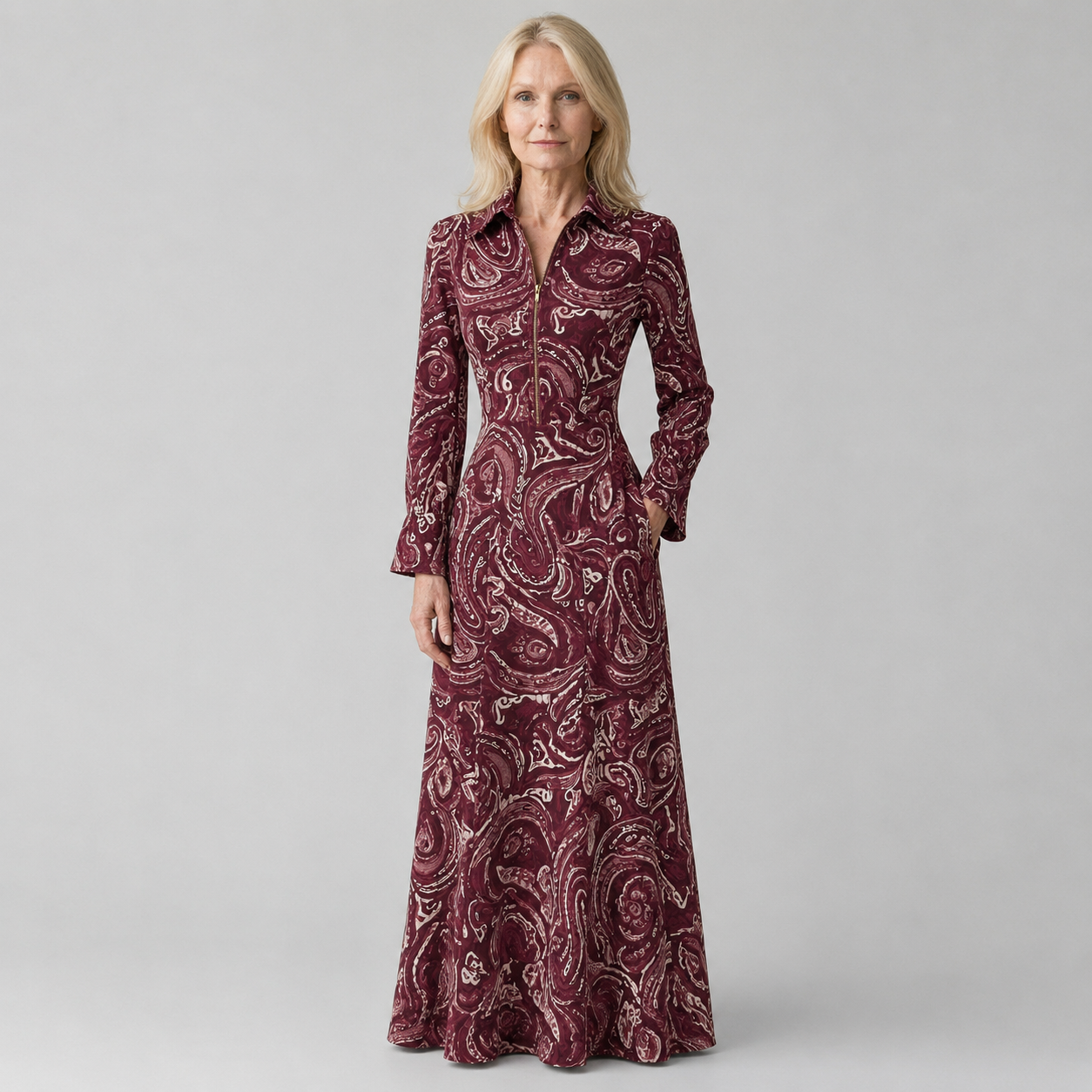 Elegant Vintage Maxi Dress with Paisley Pattern and Zipper