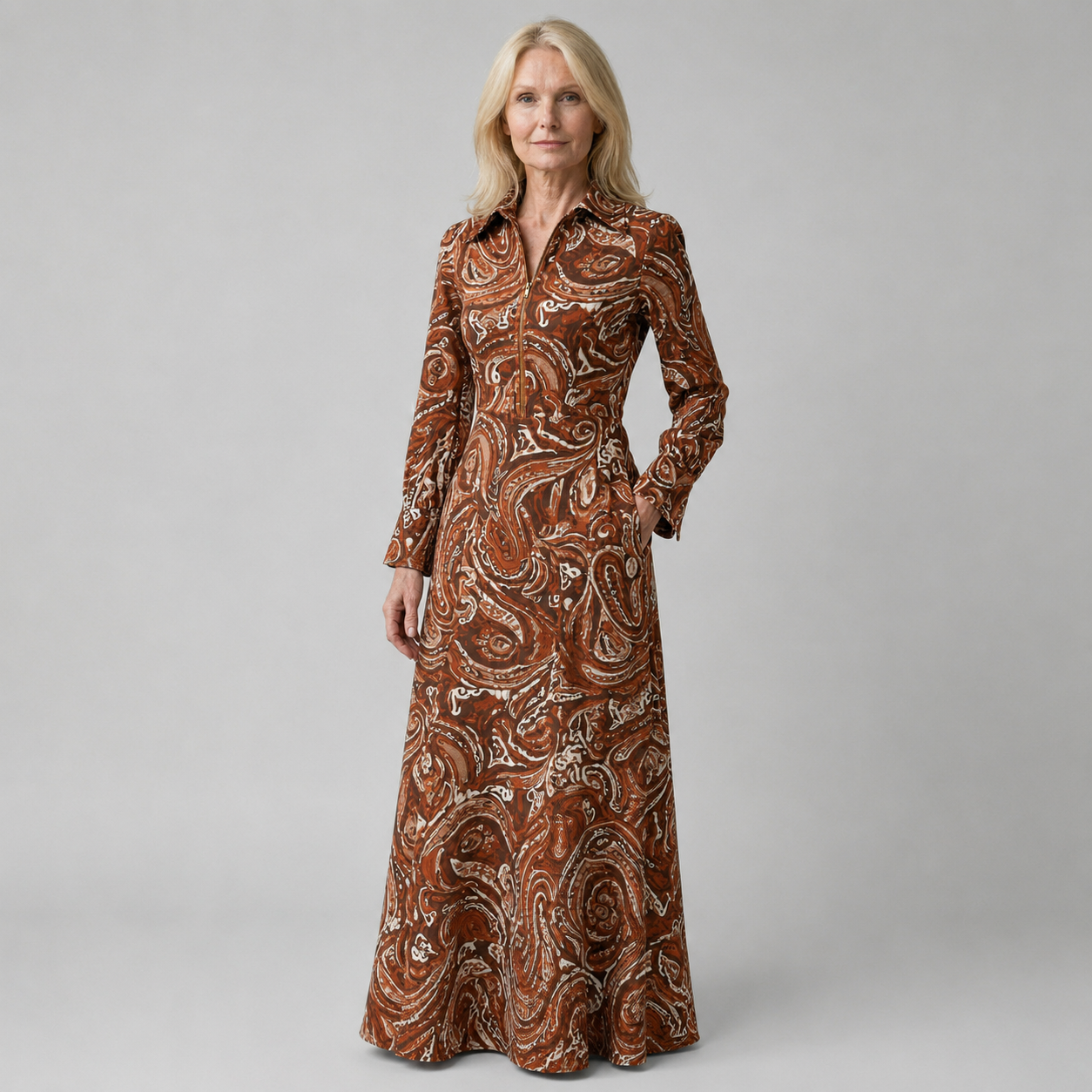 Elegant Vintage Maxi Dress with Paisley Pattern and Zipper