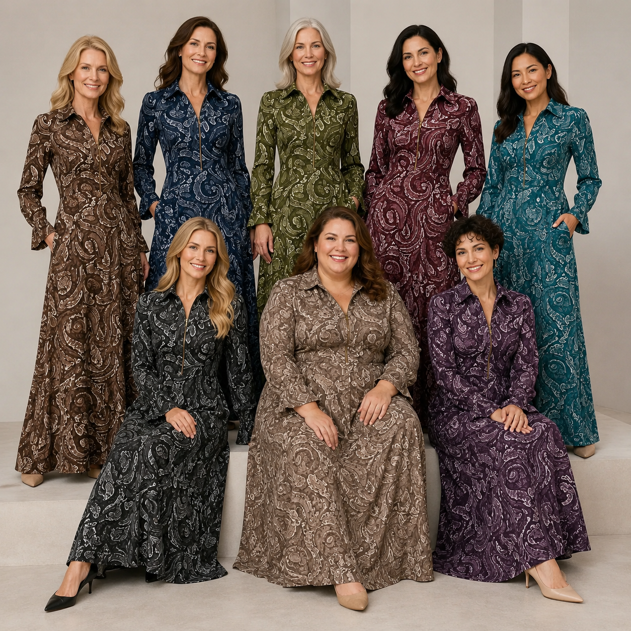 Elegant Vintage Maxi Dress with Paisley Pattern and Zipper