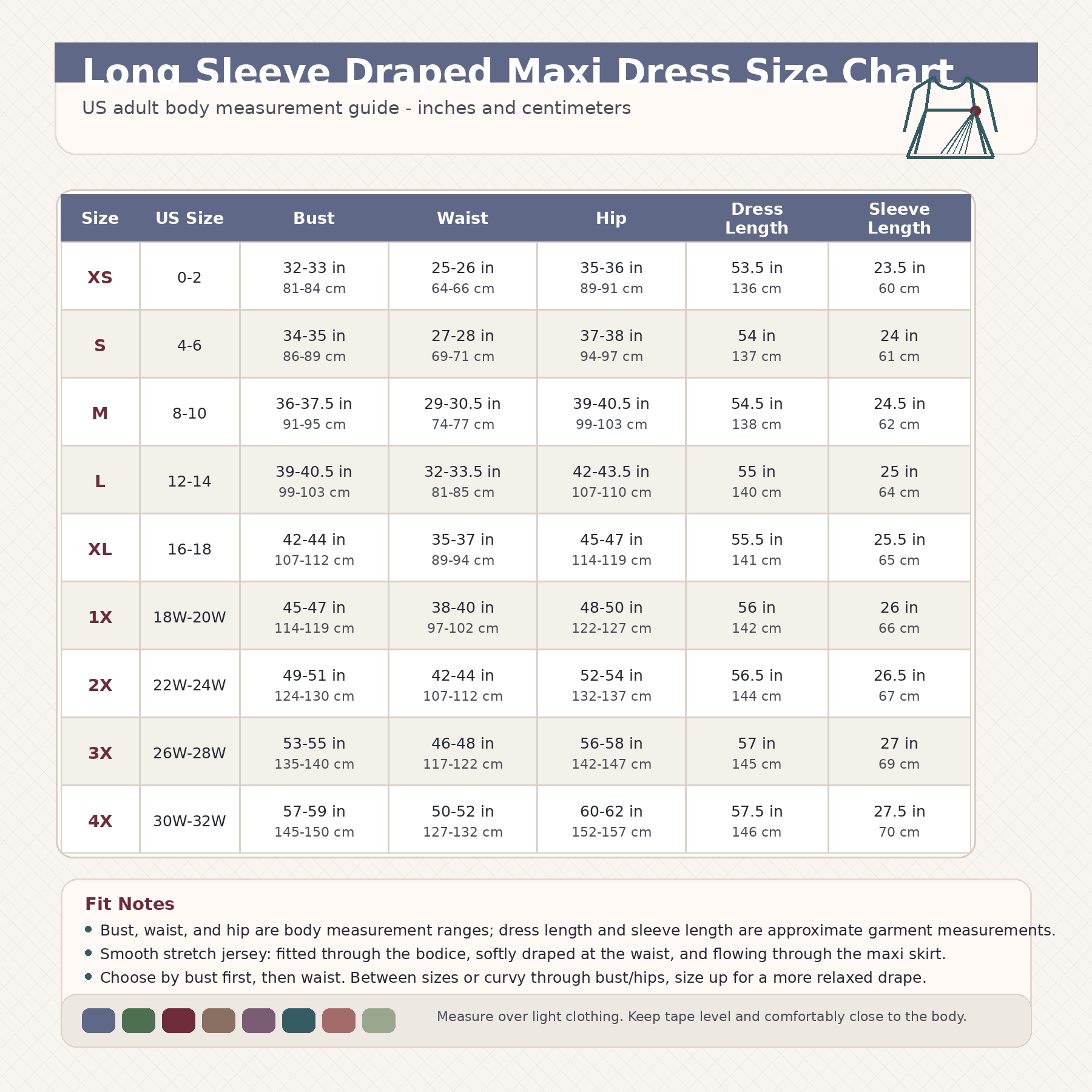 Size chart for long sleeve draped maxi dress