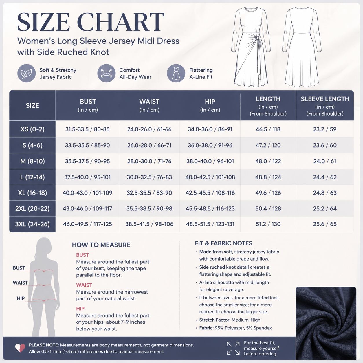 Size chart for the long sleeve draped waist dress