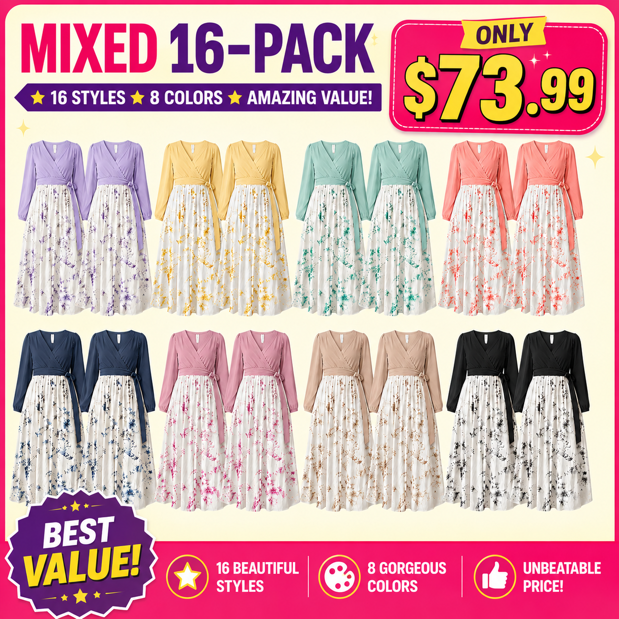 Mixed 16-Pack floral wrap V-neck maxi dress bundle