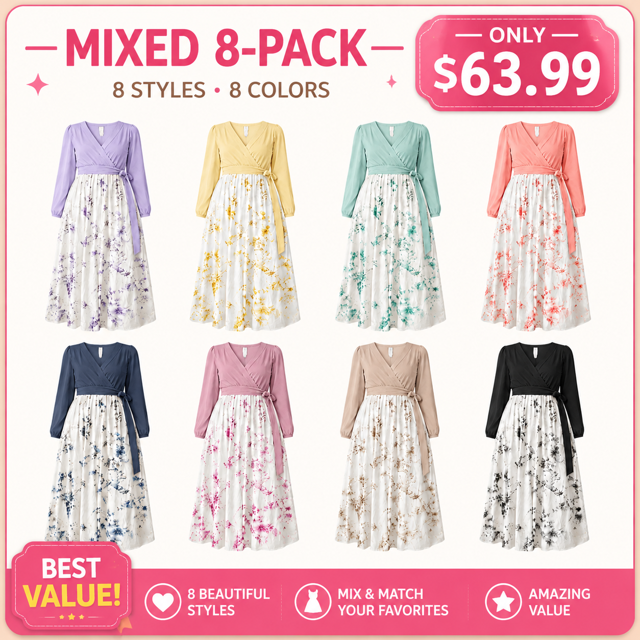 Mixed 8-Pack floral wrap V-neck maxi dress bundle