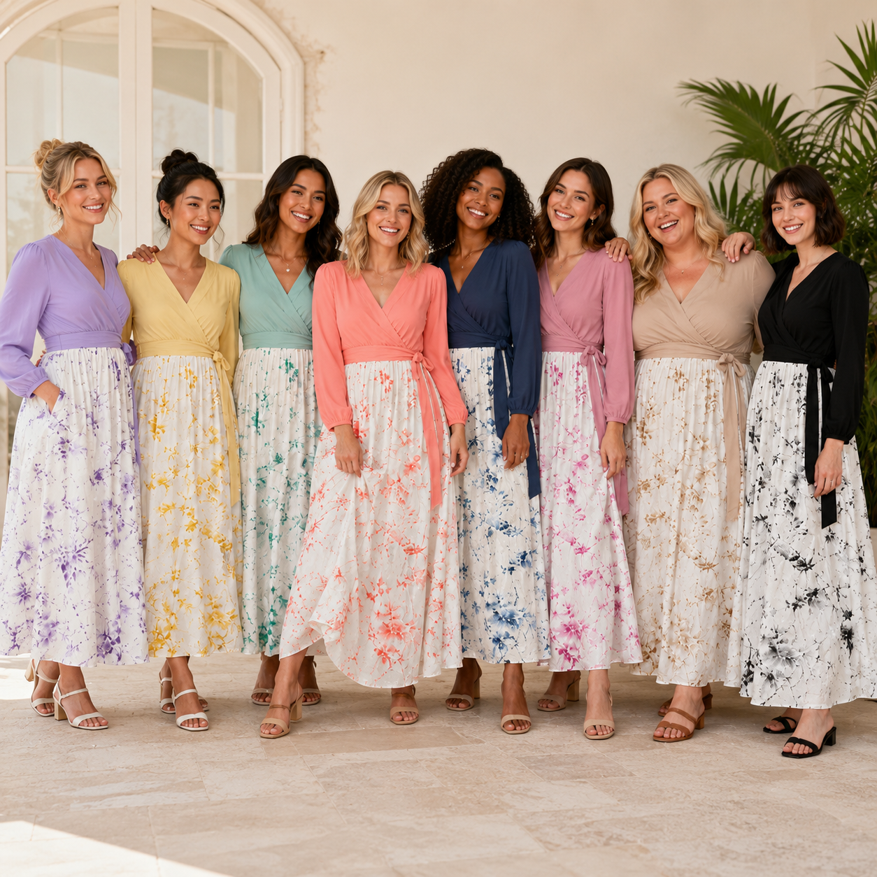 Eight-model floral wrap V-neck maxi dress group photo