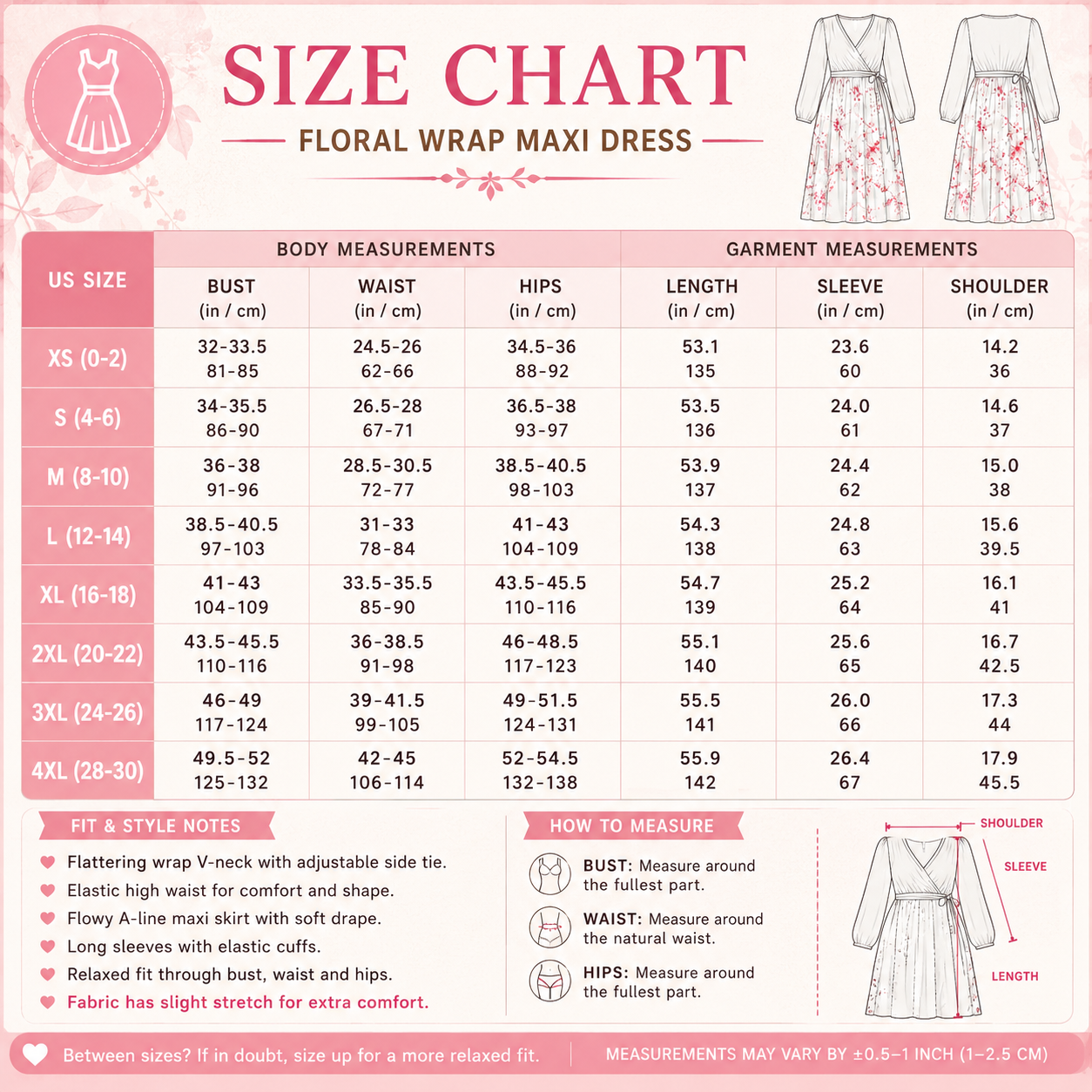 Floral wrap V-neck maxi dress size chart