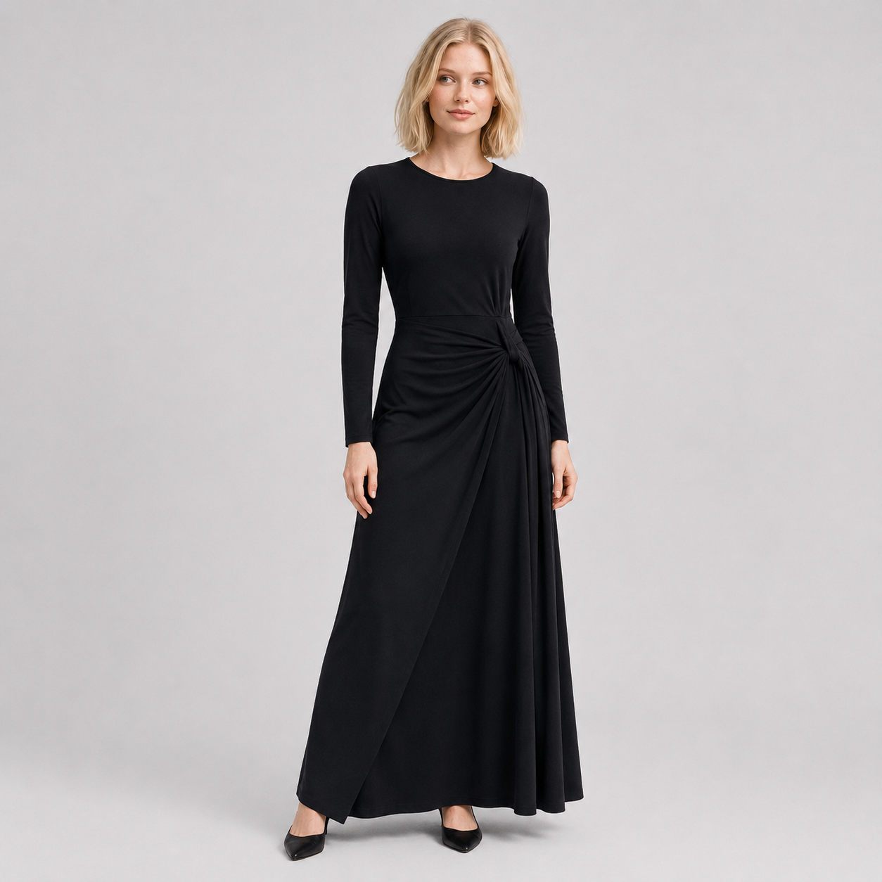 Midnight Black long sleeve draped waist dress