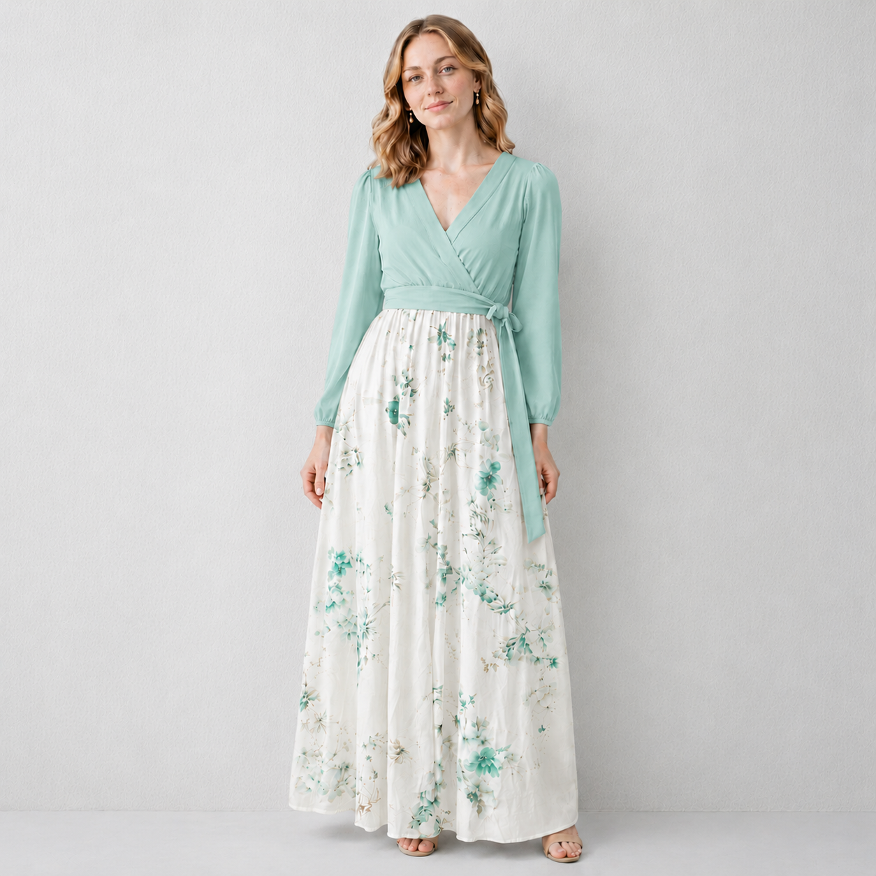 Powder Blue Floral wrap V-neck maxi dress front view