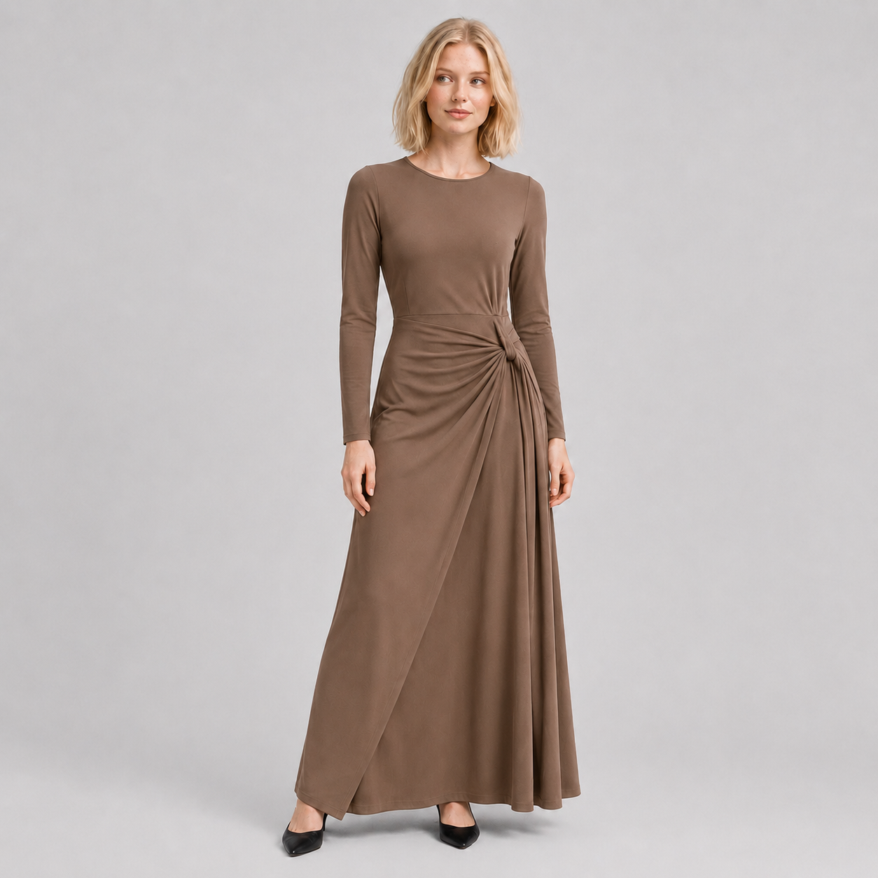 Warm Mocha Taupe long sleeve draped waist dress