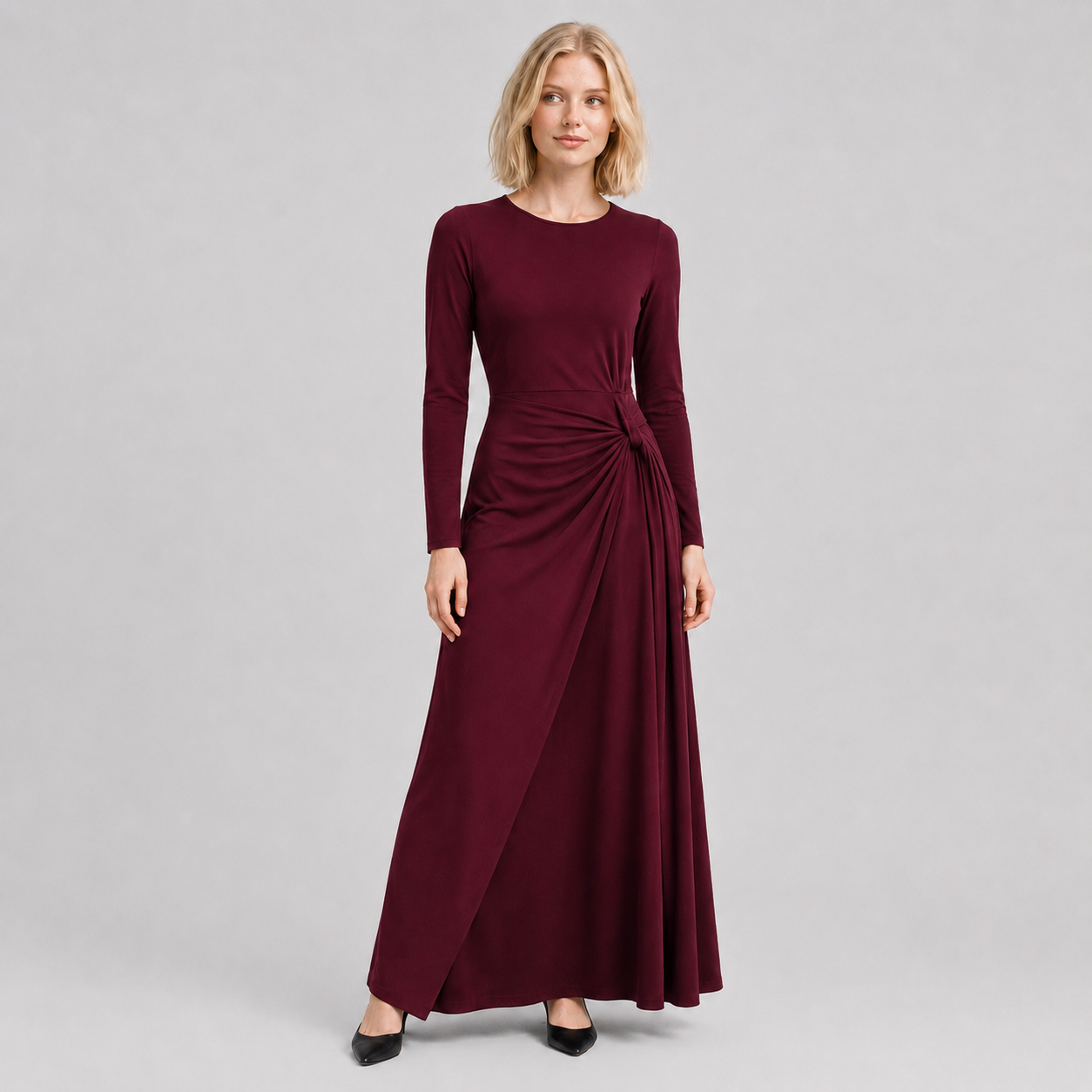 Deep Burgundy long sleeve draped waist dress
