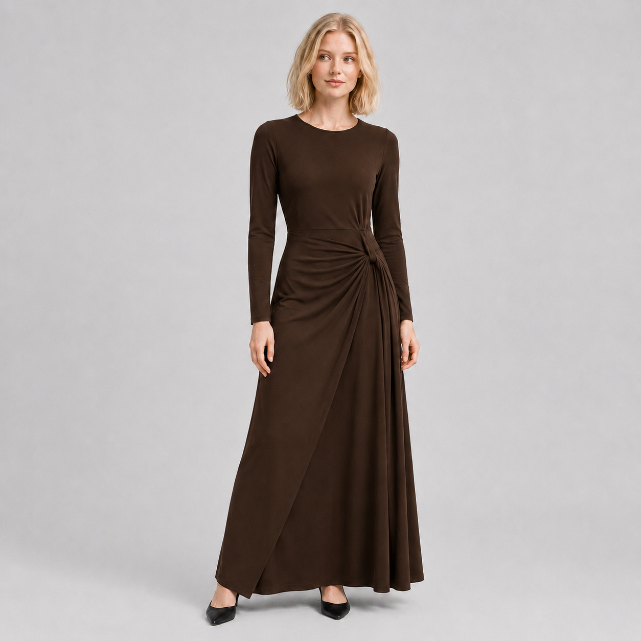 Chocolate Truffle long sleeve draped waist dress
