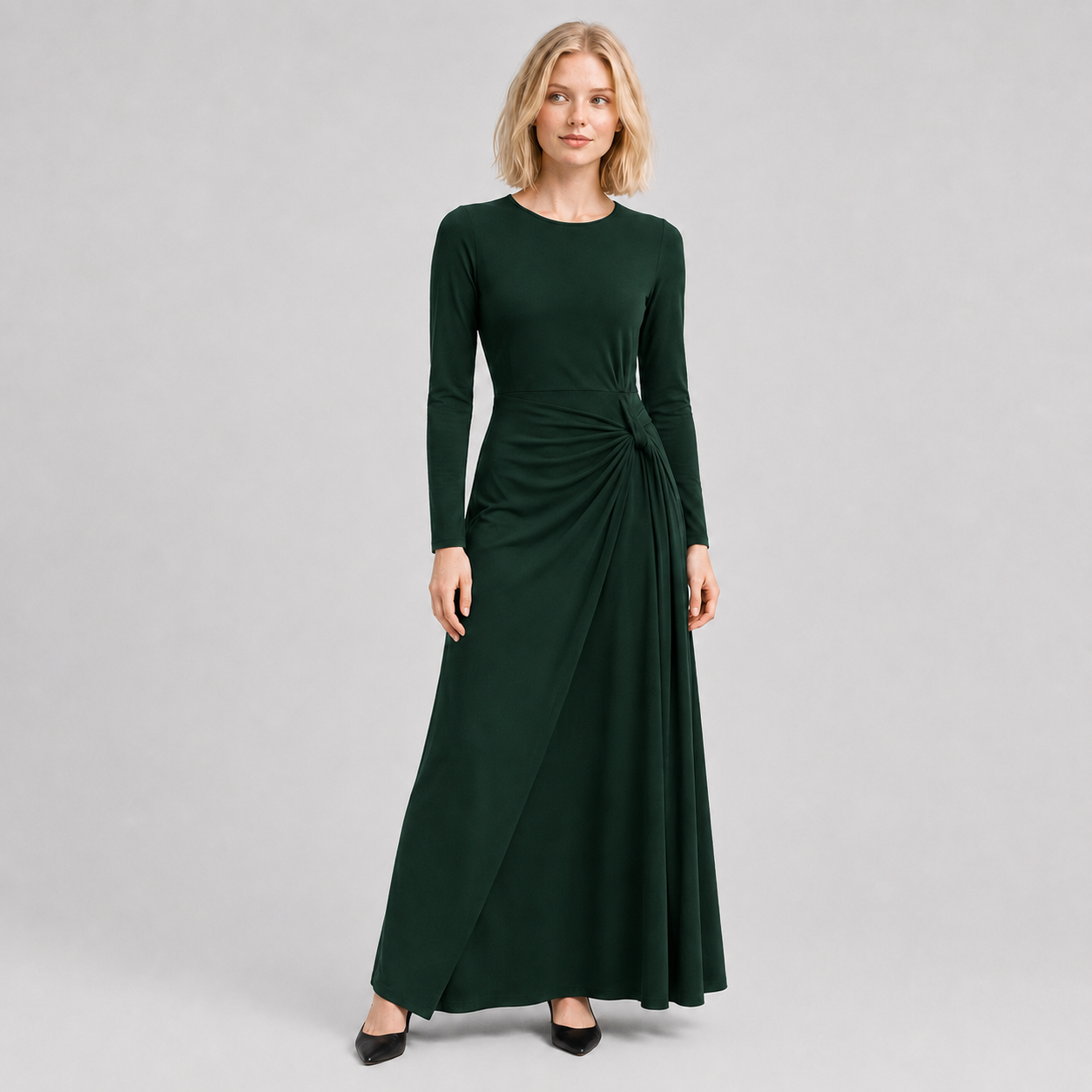Forest Pine long sleeve draped waist dress