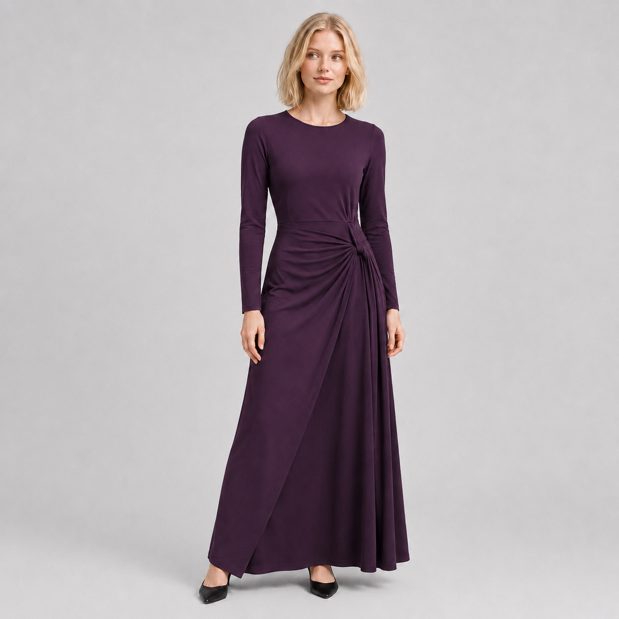 Smoked Plum long sleeve draped waist dress