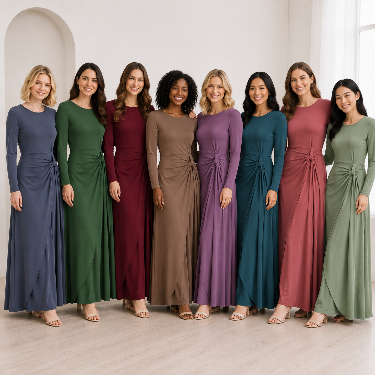 Eight adult models wearing all dress colors