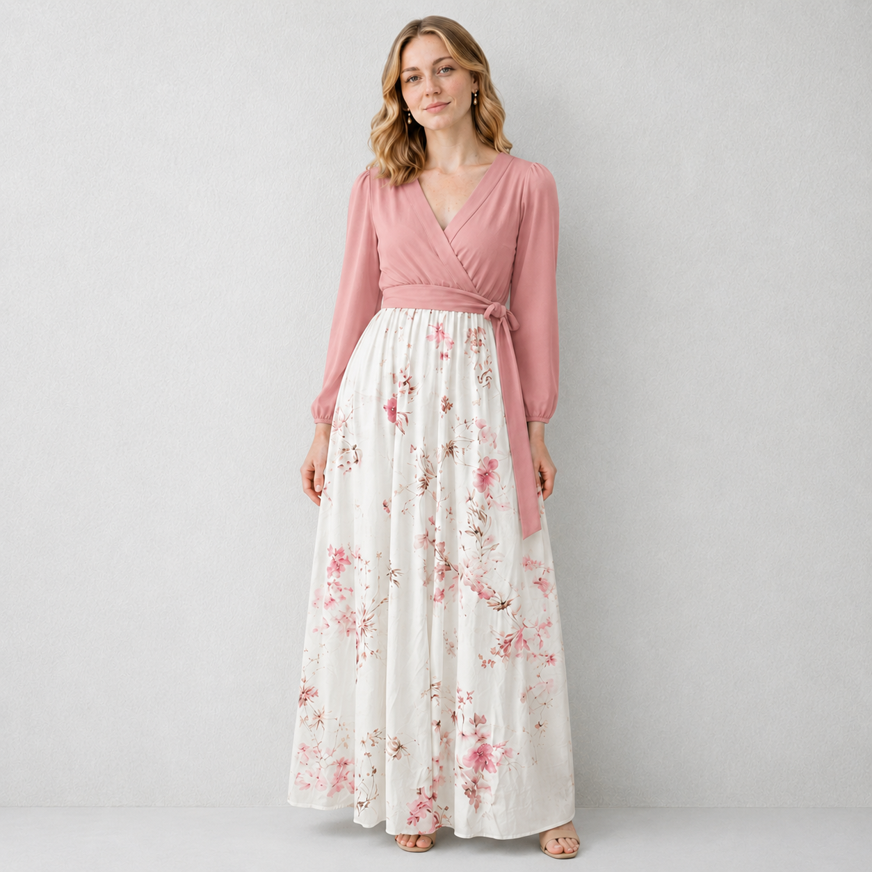 Dusty Rose floral wrap V-neck maxi dress