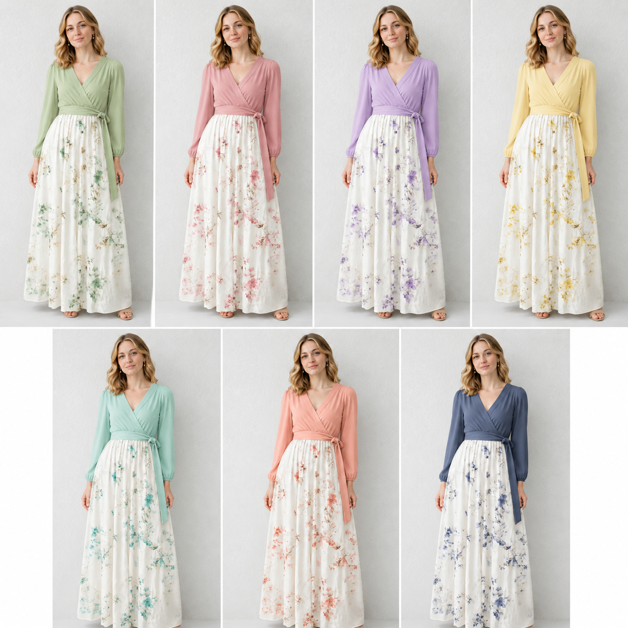 Floral wrap V-neck maxi dress color lineup