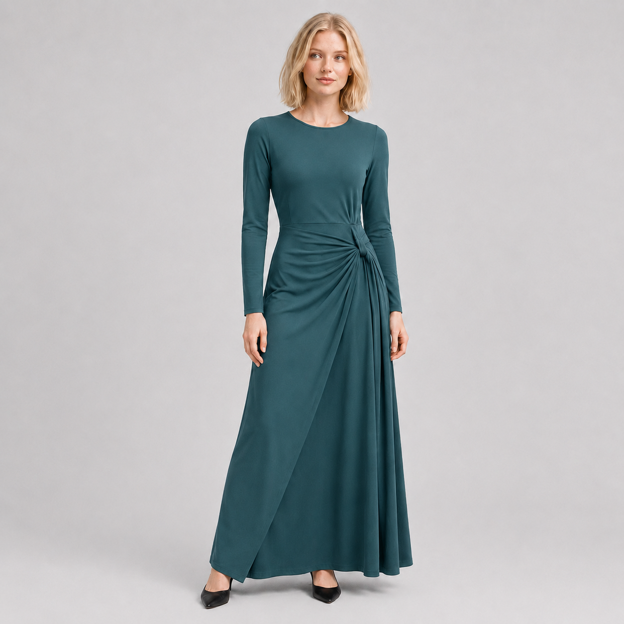 Dusty Teal long sleeve draped waist dress