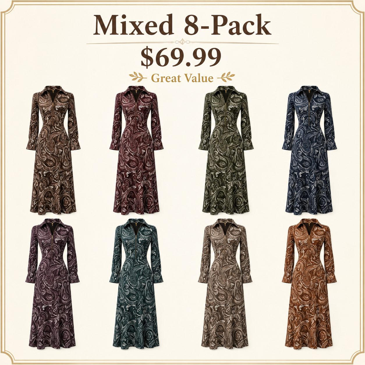Elegant Vintage Maxi Dress with Paisley Pattern and Zipper