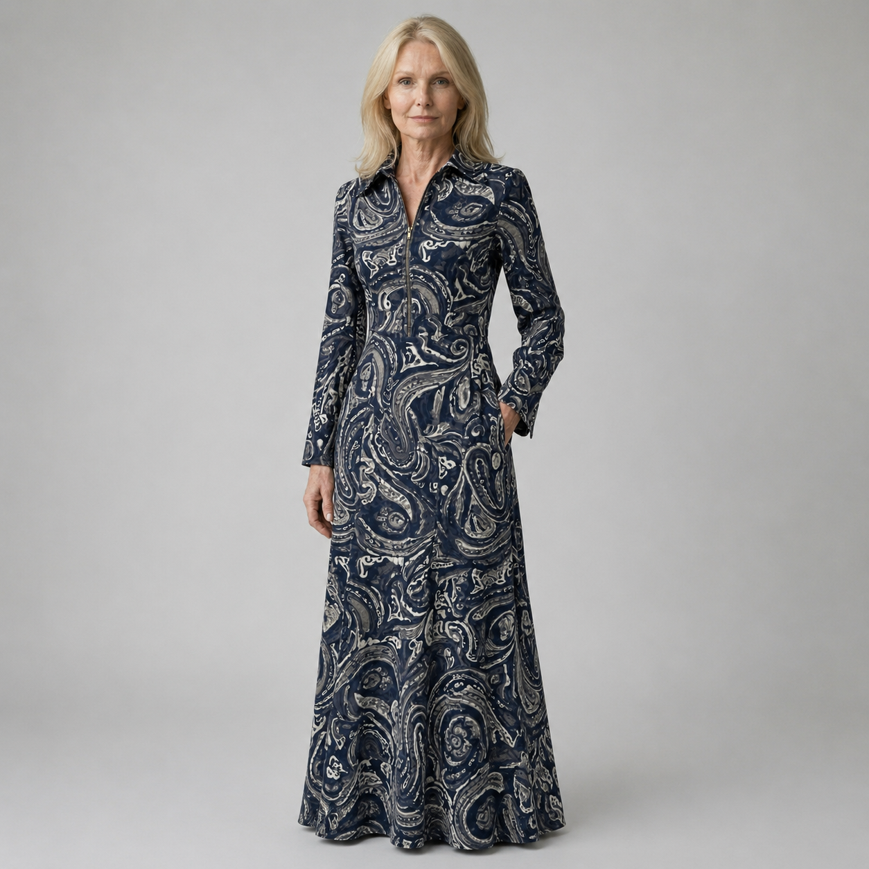 Elegant Vintage Maxi Dress with Paisley Pattern and Zipper
