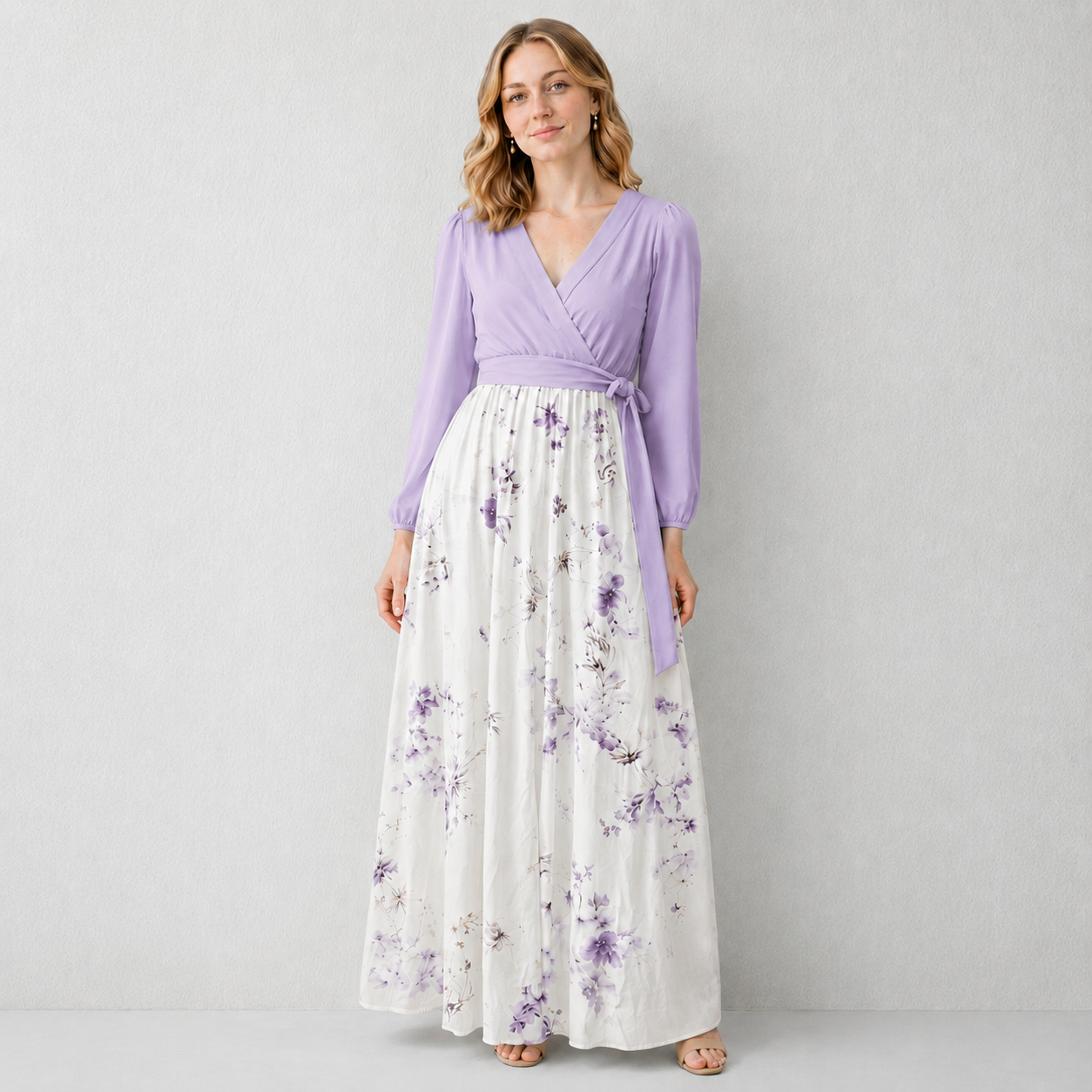 Floral wrap V-neck maxi dress sleeve and print detail