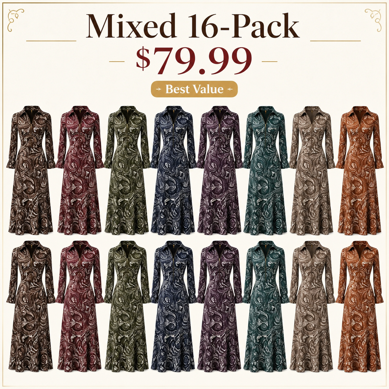 Elegant Vintage Maxi Dress with Paisley Pattern and Zipper