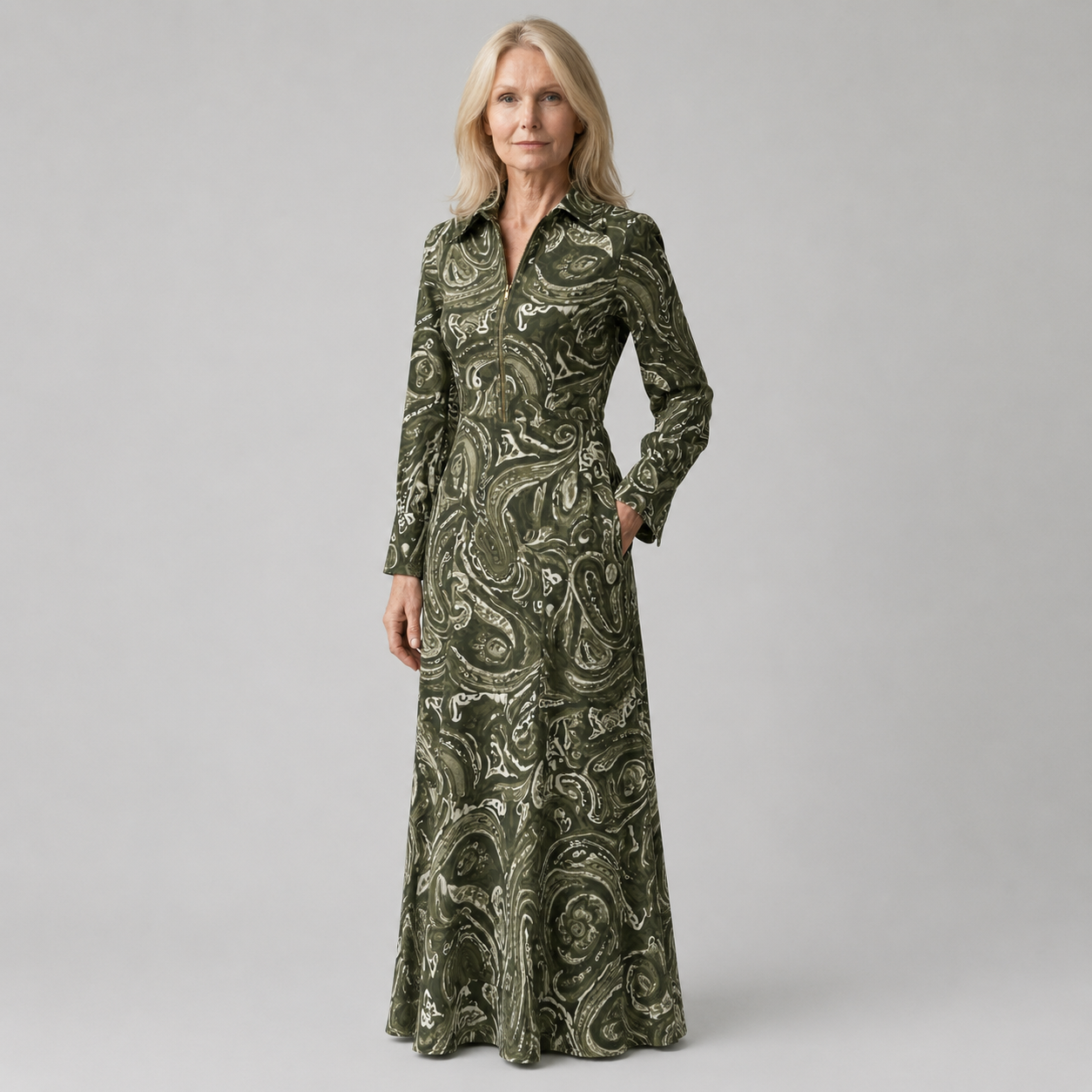 Elegant Vintage Maxi Dress with Paisley Pattern and Zipper