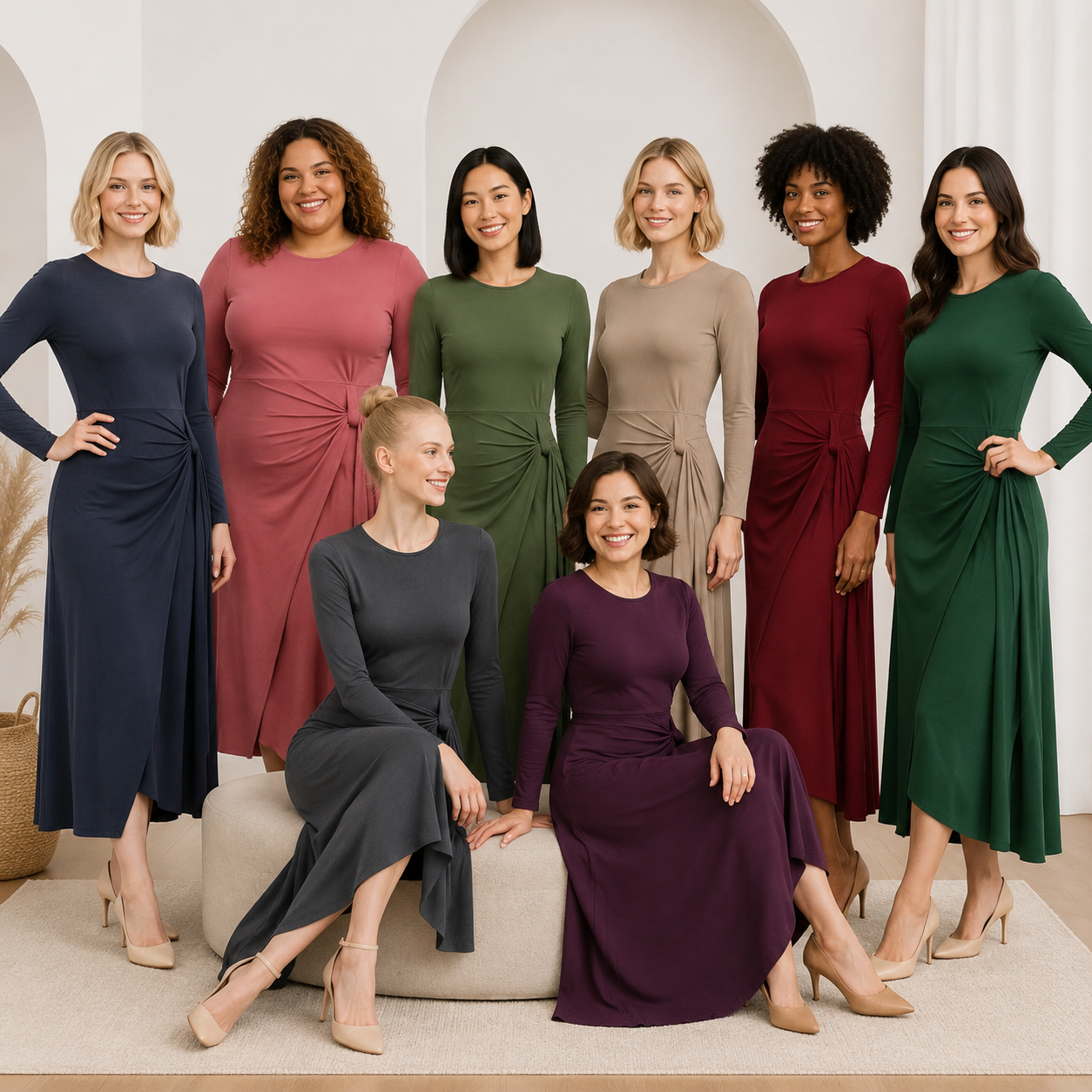 Eight-model group photo showing all dress colors