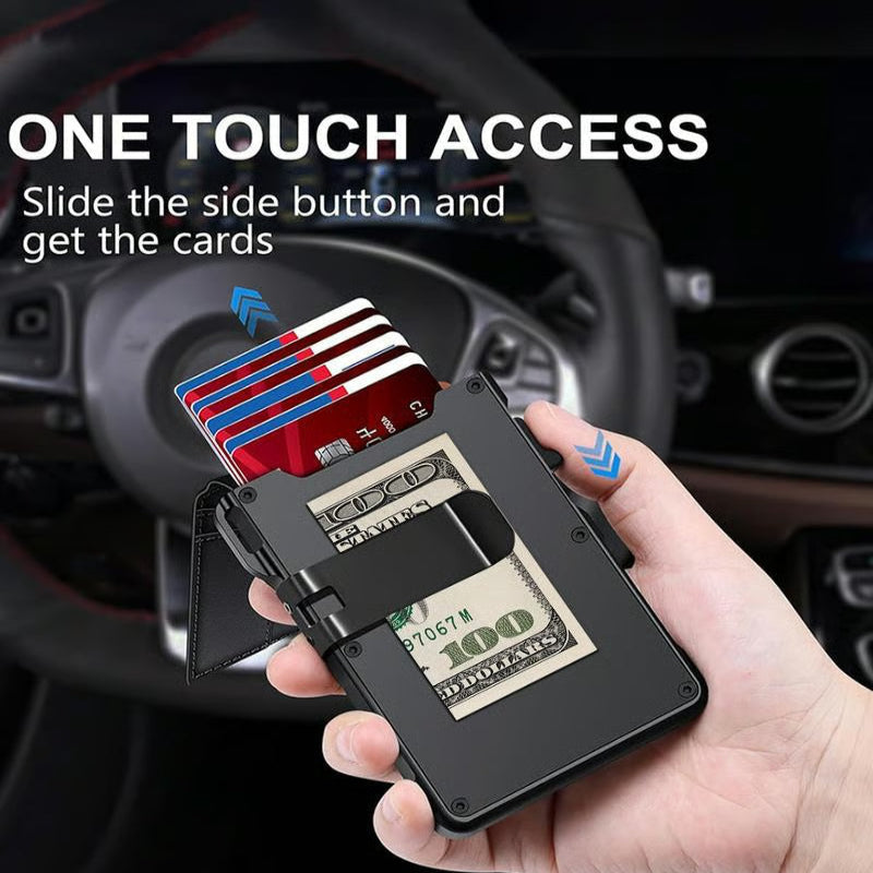 Minimalist Men’s Slim Wallet: 9 - 13 Cards, Money Clip, ID Window. RFID - Blocking, Aluminum Bifold Pop - Up