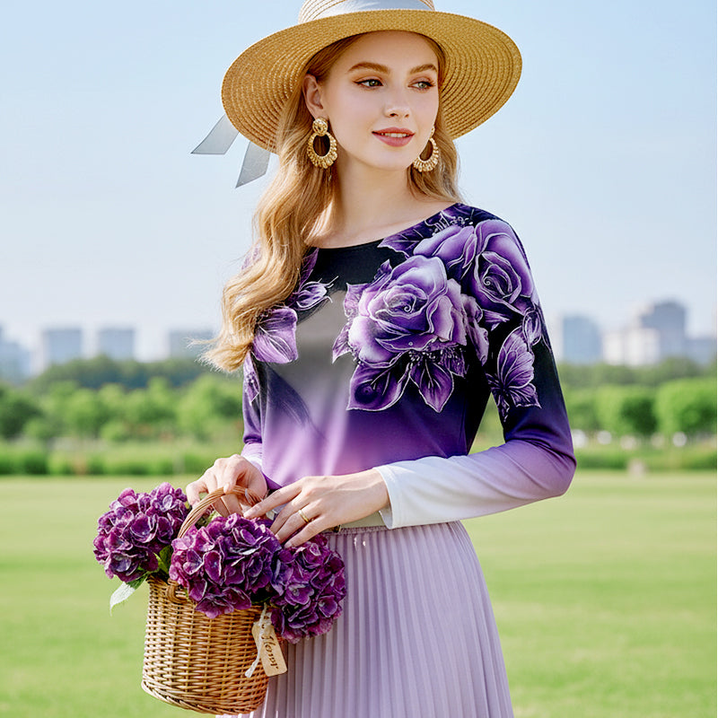 🌺Květinový top s dlouhým rukávem a kulatým výstřihem