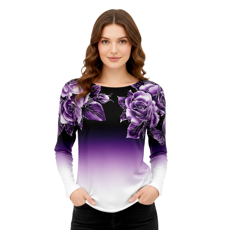 🌺Květinový top s dlouhým rukávem a kulatým výstřihem